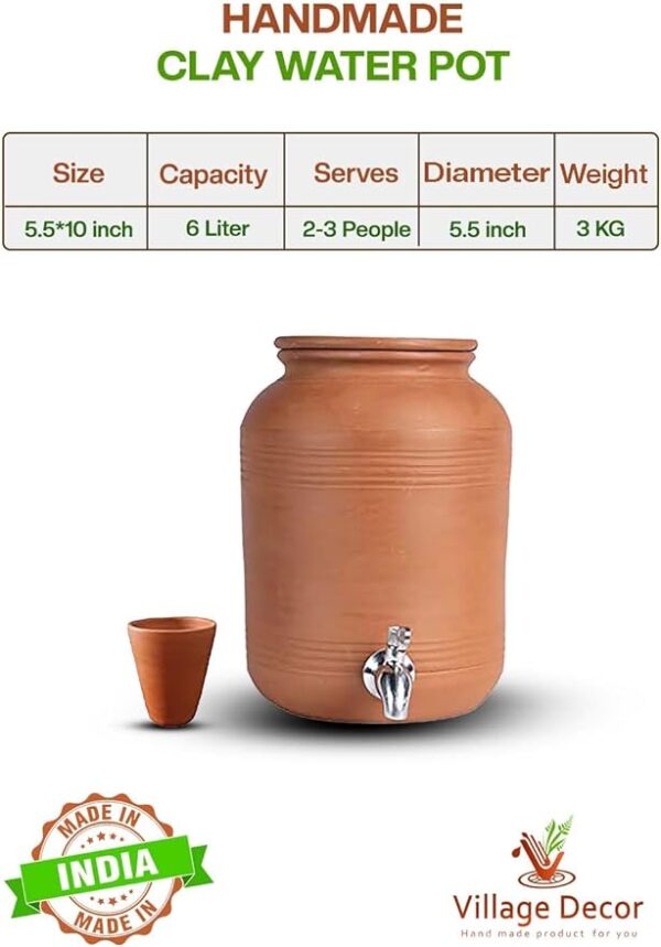 Earthen Clay Water Pot with Lid & Stainless Steel Tap - Image 2