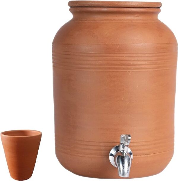 Earthen Clay Water Pot with Lid & Stainless Steel Tap